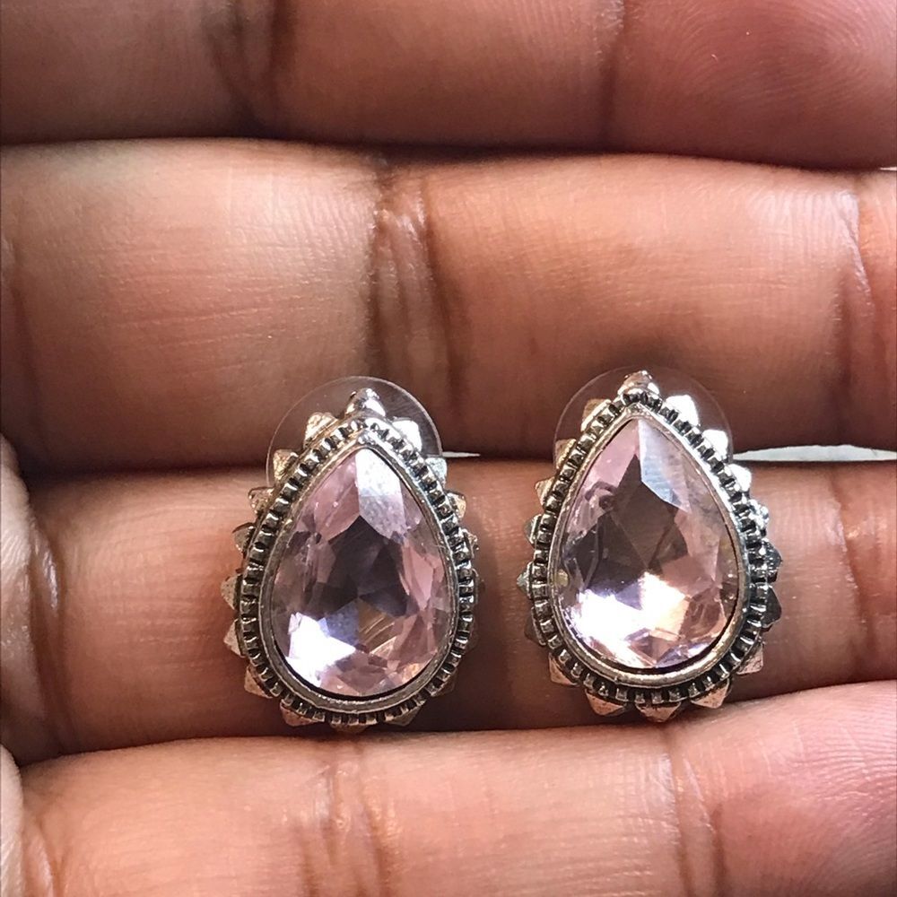 Vintage Faceted Pear Rose Crystal Elegant Silver and Pink Teardrop Earrings